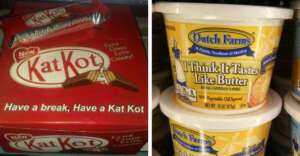 A box of "Kat Kot" chocolate bars mimicking Kit Kat branding and a tub of "I Think It Tastes Like Butter" margarine beside other similar tubs, both appearing to be imitation versions of popular products.