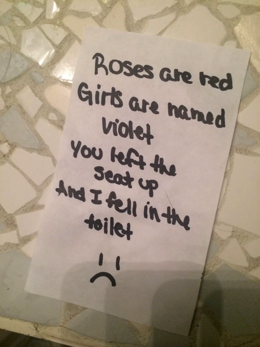 A handwritten note on white paper reads: "Roses are red, girls are named Violet, you left the seat up and I fell in the toilet" with a sad face drawn underneath. The note is on a tiled surface.