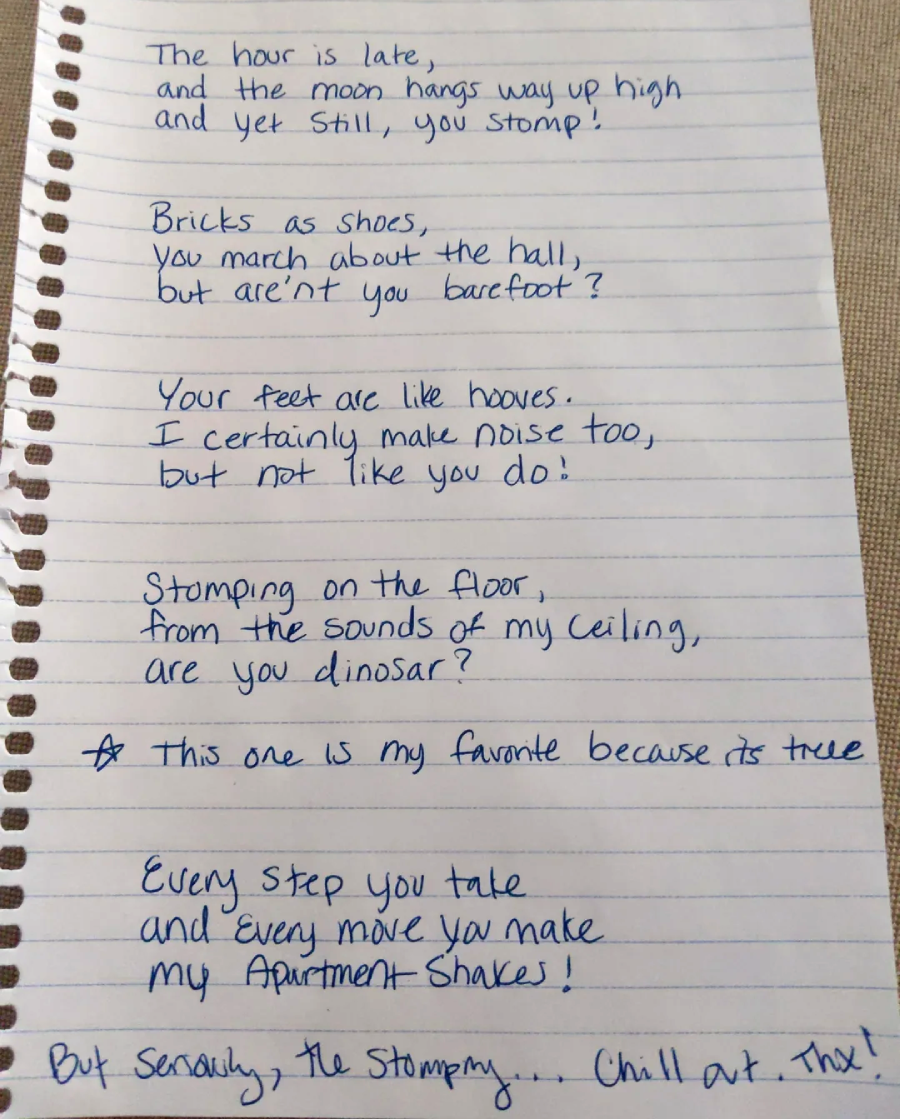 A handwritten poem on lined notebook paper humorously describes a noisy neighbor stomping above, comparing the sounds to dinosaurs and expressing amusement and mild frustration at the loud footsteps.