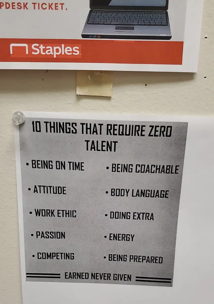 A printed sign titled "10 Things That Require Zero Talent" lists: being on time, attitude, work ethic, passion, competing, being coachable, body language, doing extra, energy, and being prepared.