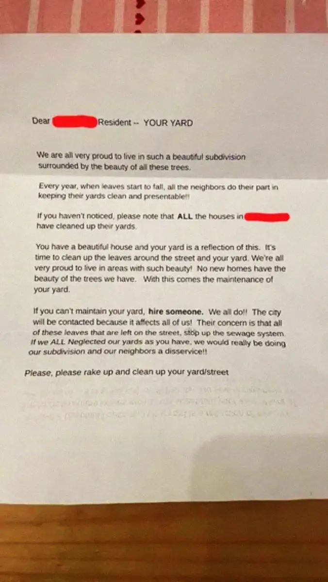 A printed letter with several sentences highlighted in bold or underlined, urging residents to clean up their yards and streets to maintain the beauty of the neighborhood. Some personal information is redacted with red blocks.