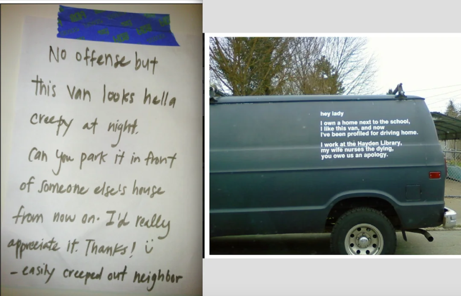 A handwritten note asks a van owner to park elsewhere because the van looks creepy at night. Next to it, a photo shows a blue van with a long printed message on its side, responding to the neighbor’s complaint.