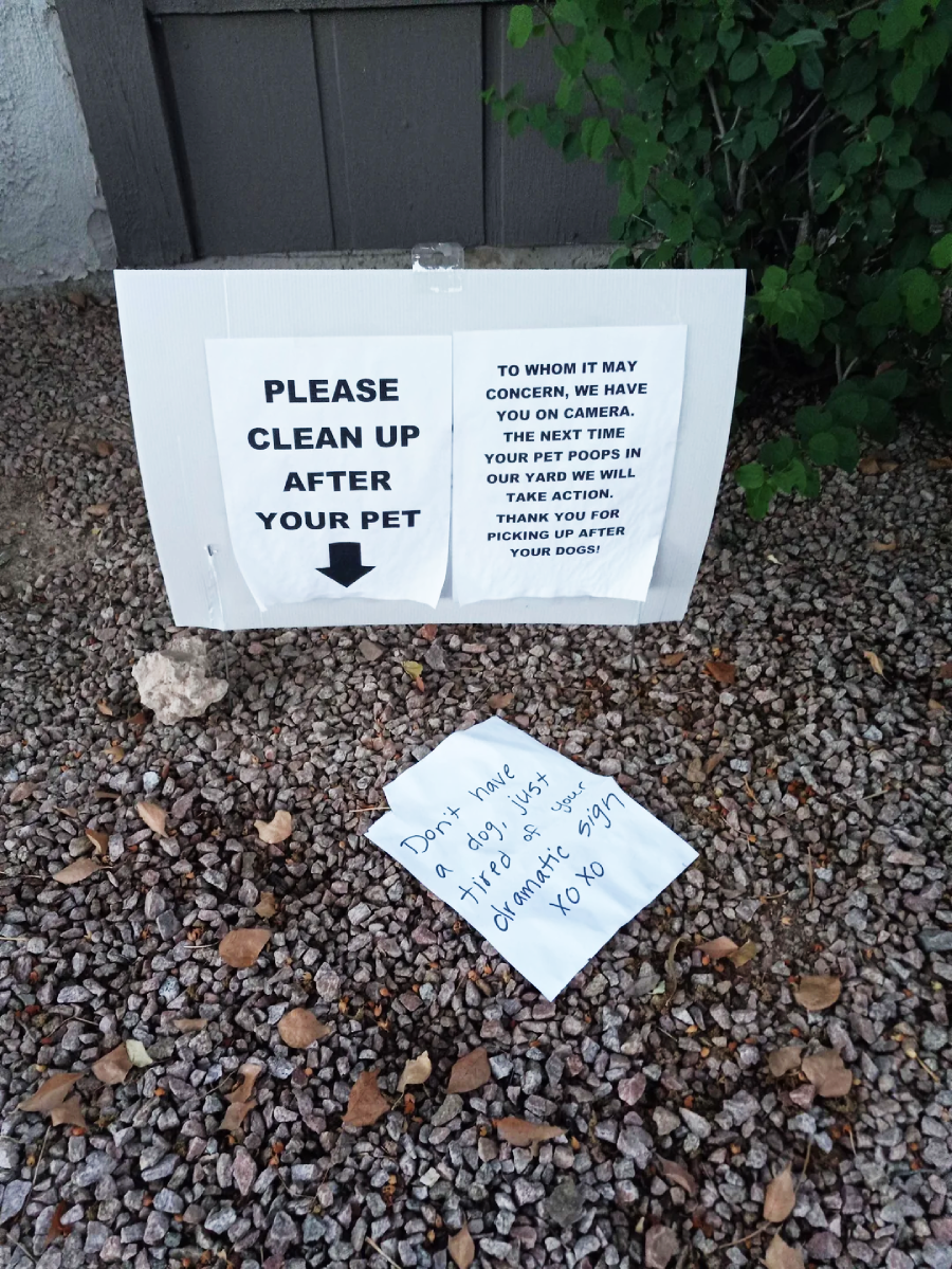 A printed sign on gravel reads “Please clean up after your pet,” with a warning above. Below it lies a handwritten note that says, “Don’t make a basic sign. Hire me for dramatic signs. XOXO.”