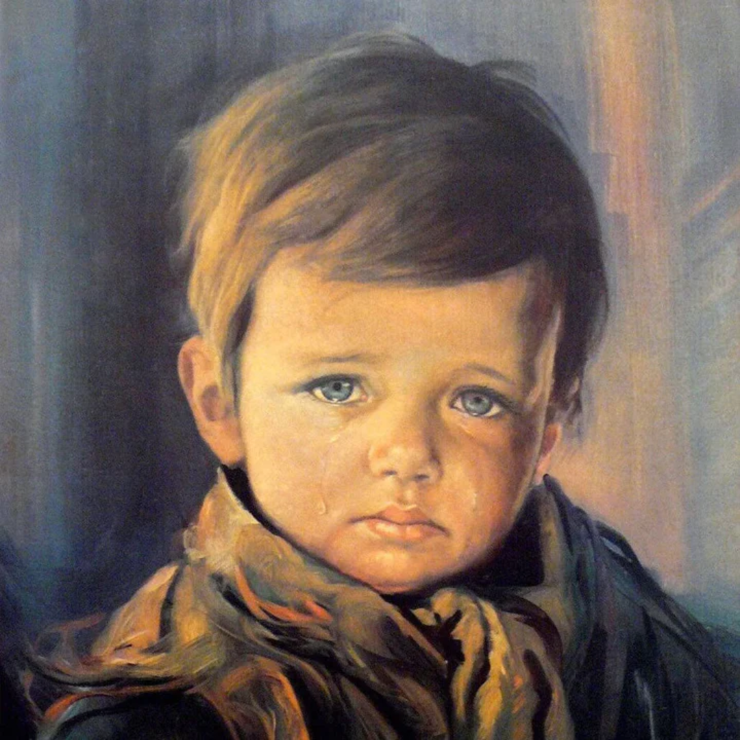 A painting of a young boy with light brown hair and blue eyes, looking sad. He has a single tear on his cheek and wears a brown scarf around his neck. The background is softly blurred in blue and brown tones.