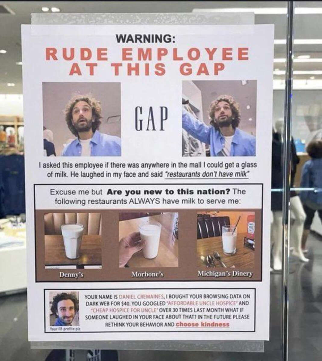 A sign at a GAP store displays a warning about a "rude employee," featuring a photo of a man gesturing and text describing a sarcastic response when a customer asked for milk, with additional humorous commentary below.