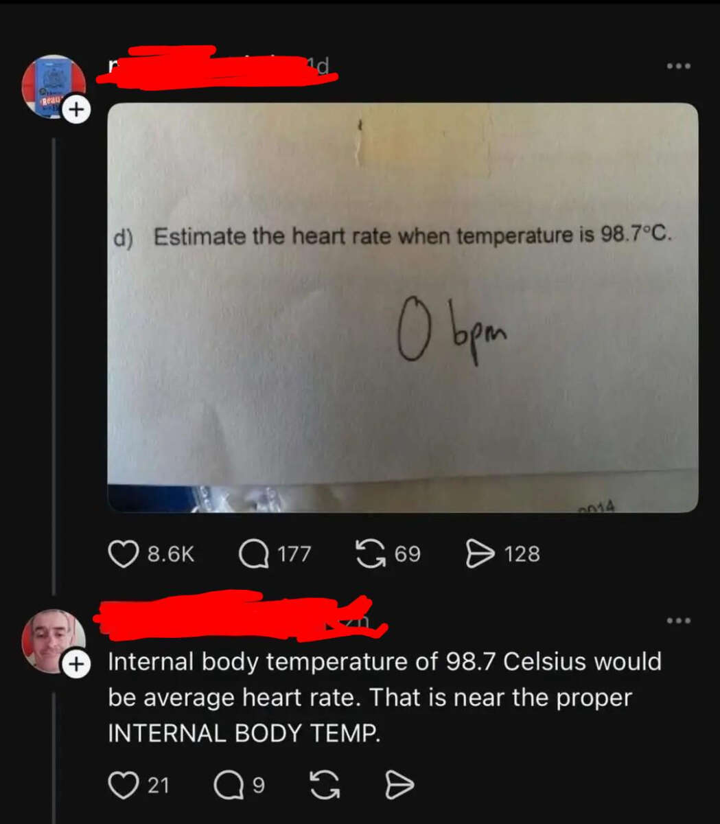 A social media post shows a homework question asking to estimate heart rate at 98.7°C; the answer written is "0 bpm." A reply explains 98.7°C is far above human body temperature and would not result in a normal heart rate.