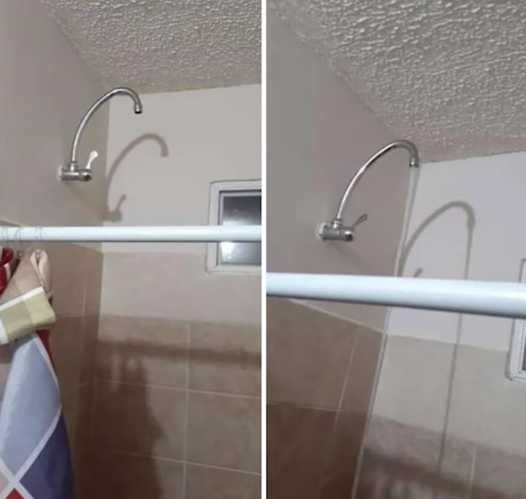 Side-by-side photos of a bathroom shower show a showerhead awkwardly positioned above a towel rod, making it unusable for showering. Towels hang on the rod, and beige tiles cover the wall.
