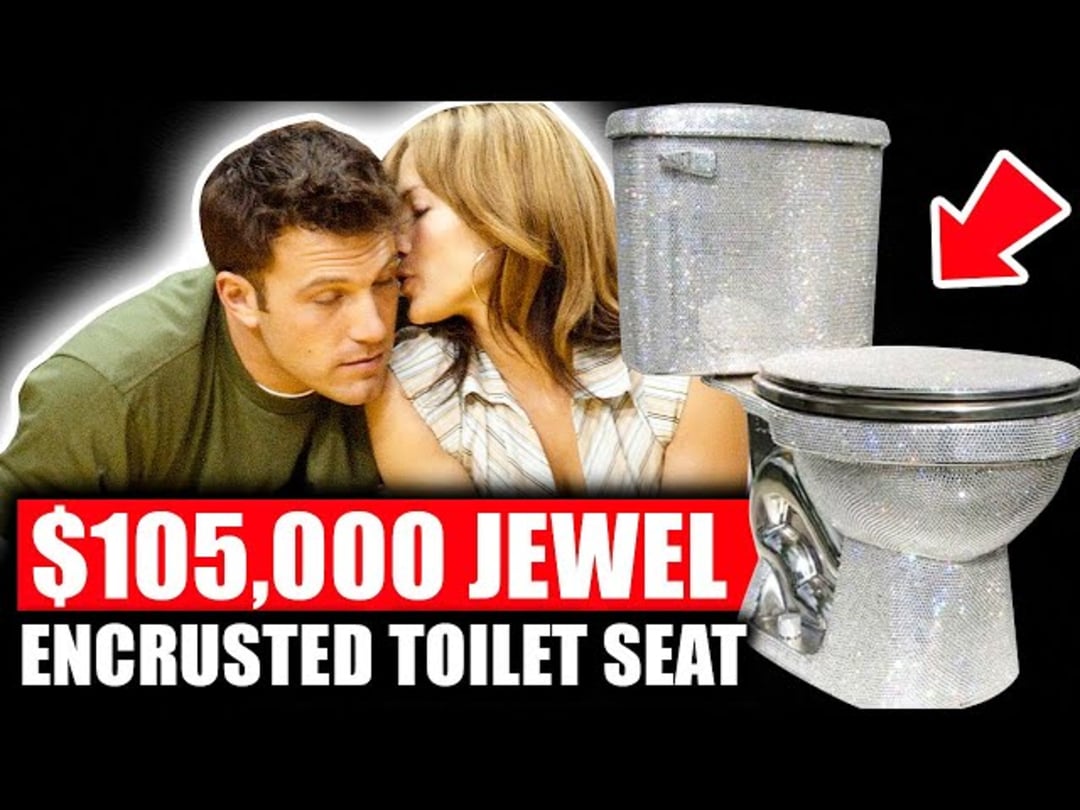 A man and woman sit close together beside images of a toilet and tank covered in sparkling jewels. Text below reads: "$105,000 Jewel Encrusted Toilet Seat" with a red arrow pointing at the toilet.