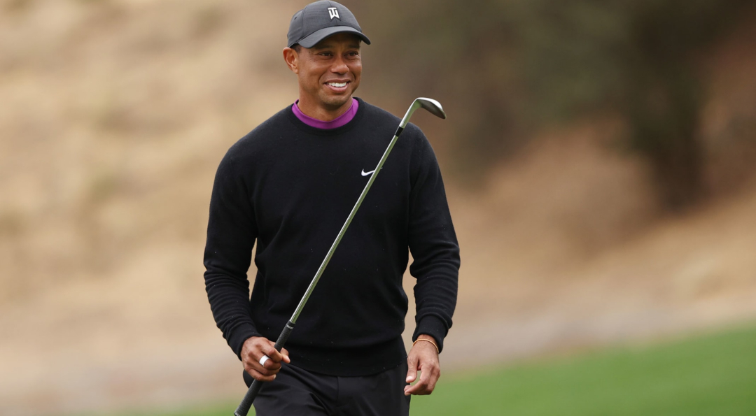 A smiling golfer wearing a black sweater, black cap, and dark pants holds a golf club while standing on a grassy course with a blurred, brownish background.
