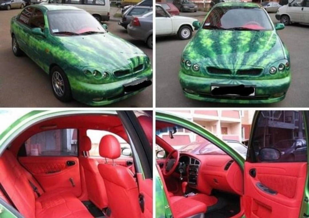 A car painted with a green watermelon pattern on the outside, and its interior decorated in bright red with black dots, resembling the inside of a watermelon. Four photos show different angles of the car.