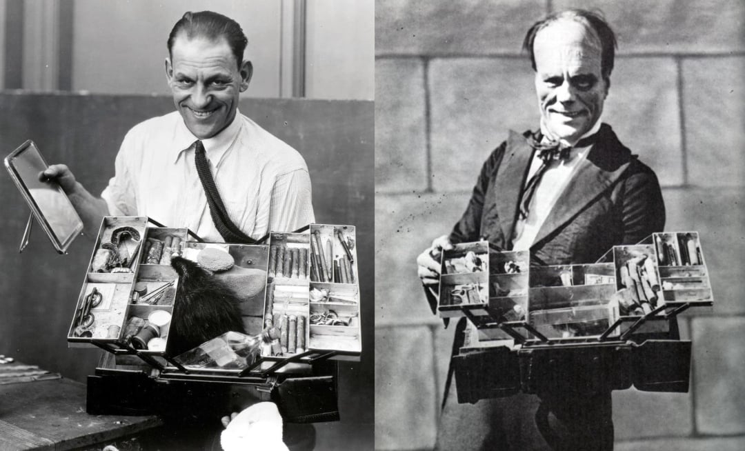 Two black-and-white photos side by side show men holding open makeup kits filled with cosmetics, brushes, and tools, both smiling and displaying their kits to the camera.