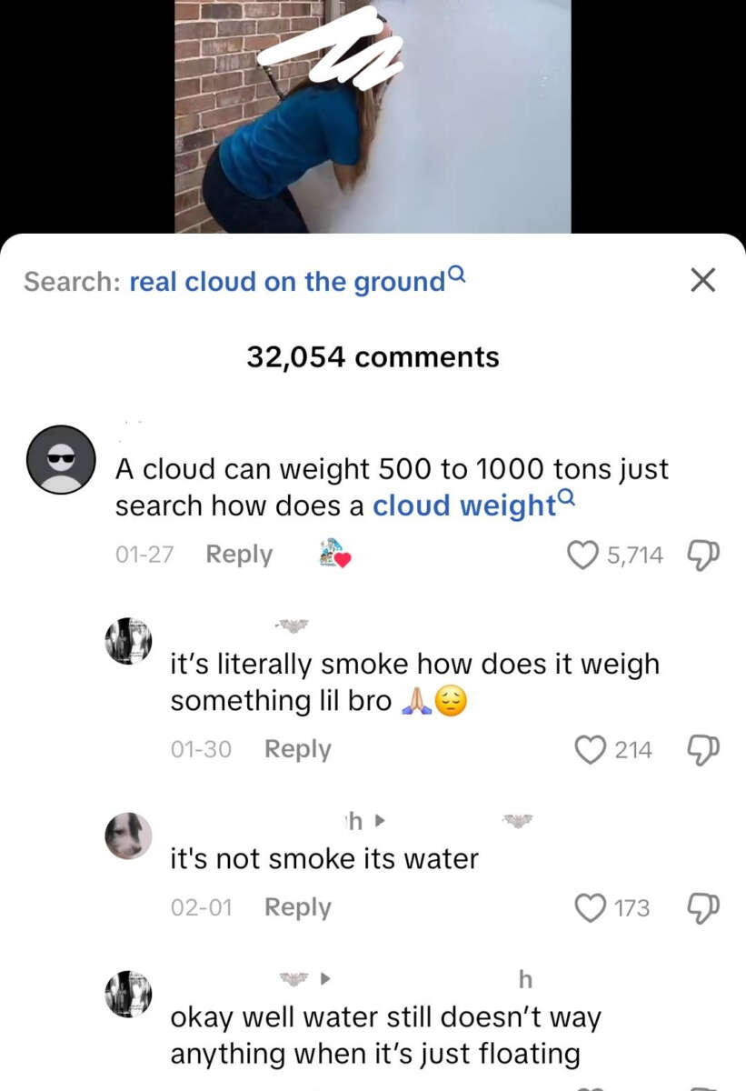 Screenshot of social media comments discussing how clouds can weigh 500 to 1000 tons, with users expressing disbelief, confusion about clouds being made of water not smoke, and questioning how water can float.