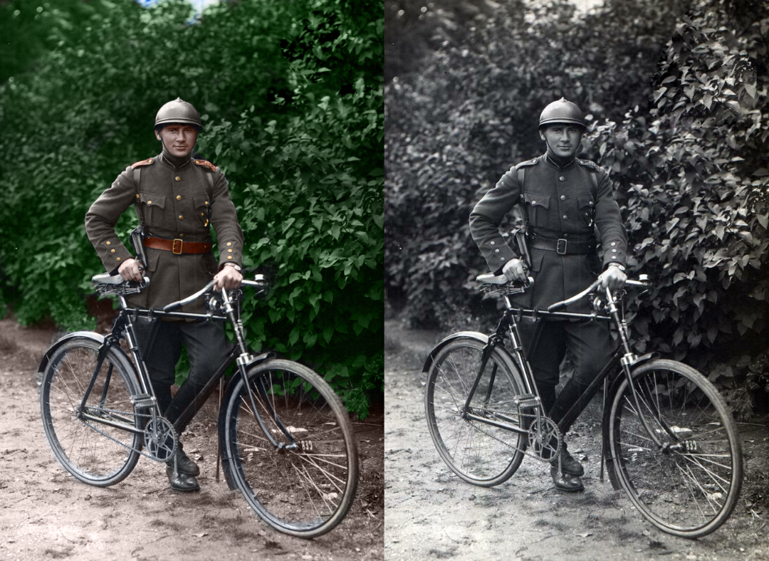 A military officer in uniform and helmet stands outdoors beside a bicycle, with greenery in the background. The image is shown in both color (left) and black and white (right), split down the middle.