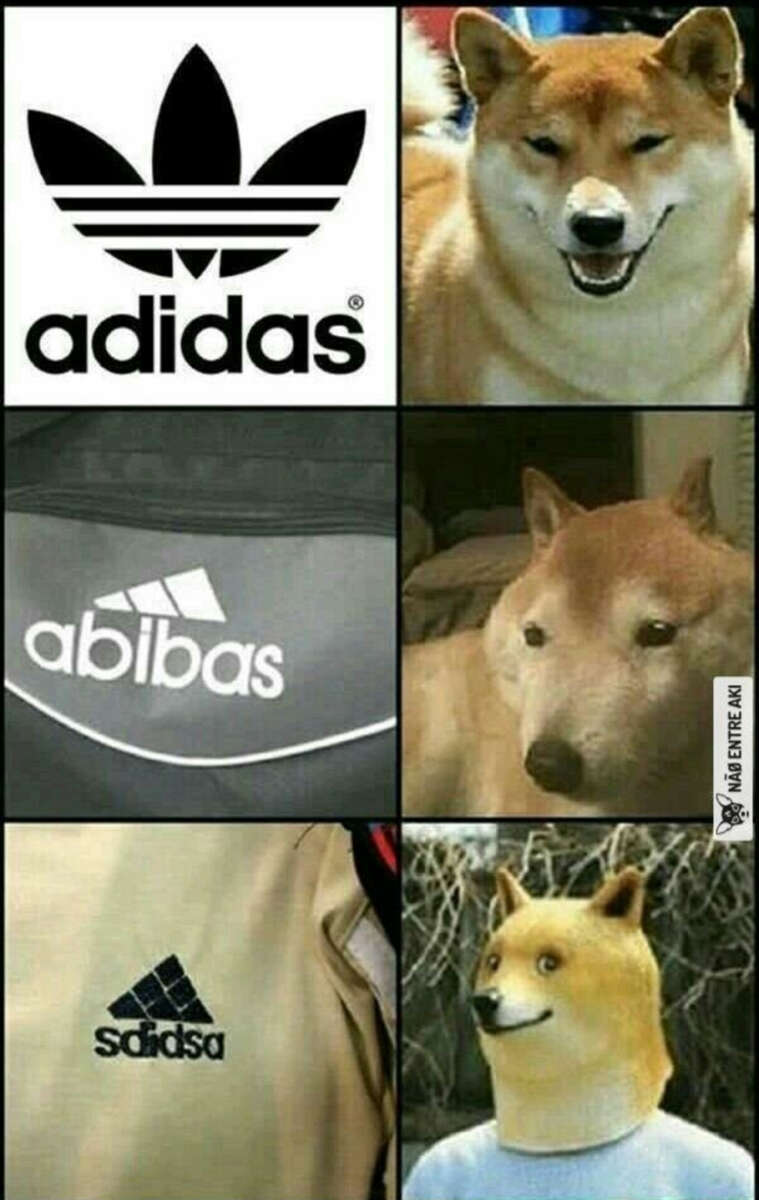 A meme with three panels. Left: knockoff Adidas logos labeled "abibas" and "sdidas". Right: pictures of a Shiba Inu dog with increasingly confused and amused expressions.