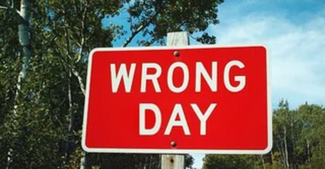 A red and white road sign reads "WRONG DAY" in bold letters, set outdoors with trees and a blue sky in the background.