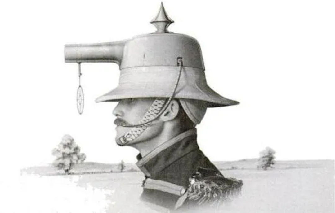 A vintage illustration of a man in uniform wearing a helmet shaped like a teapot, with a dangling pocket watch hanging from its spout.