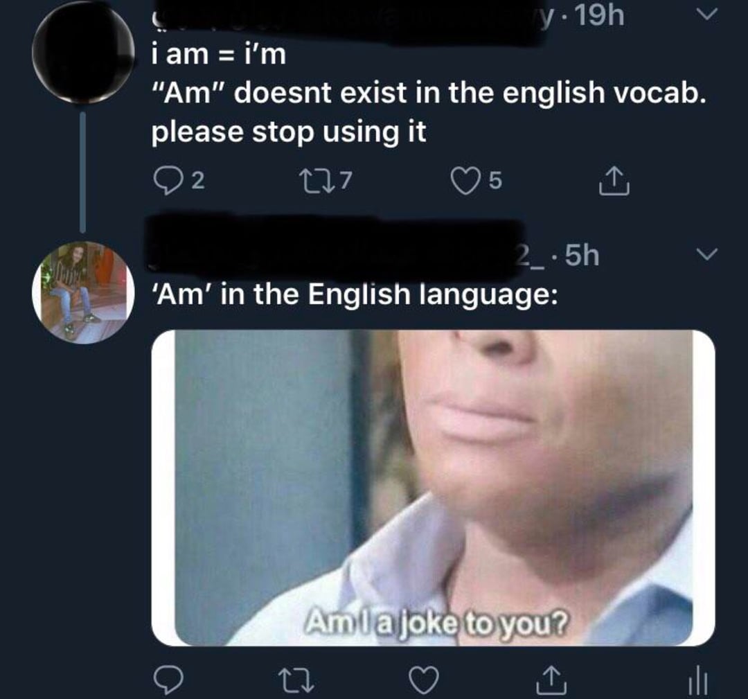 A Twitter exchange where one user says "'Am' doesn't exist in the English vocab, stop using it," and another responds with a meme showing a person saying "Am I a joke to you?
