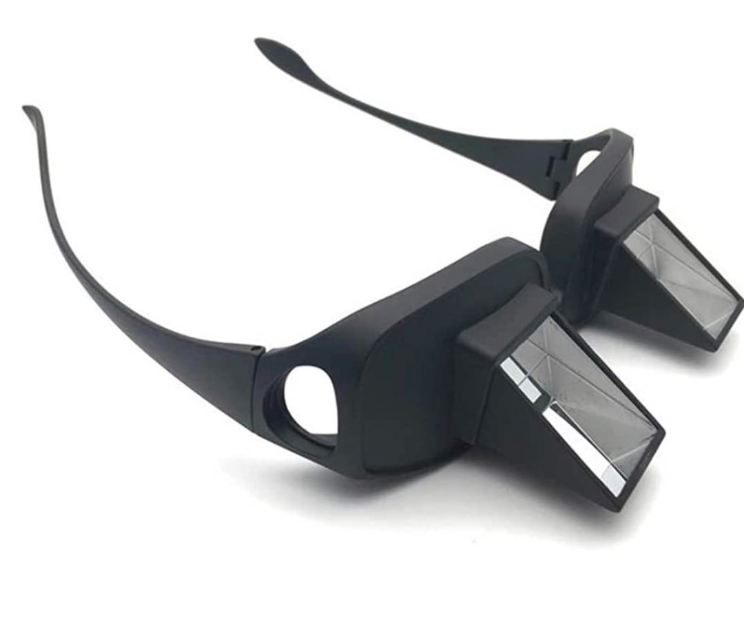 A pair of black glasses with angled prism lenses designed to let the wearer read or watch TV while lying down.