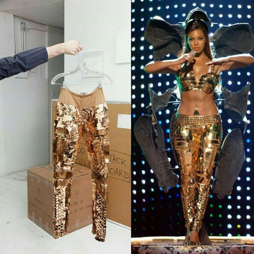 A person holds up shiny gold pants on a hanger next to an image of a performer wearing the same gold outfit with matching top and dramatic accessories on a stage with a dotted light background.