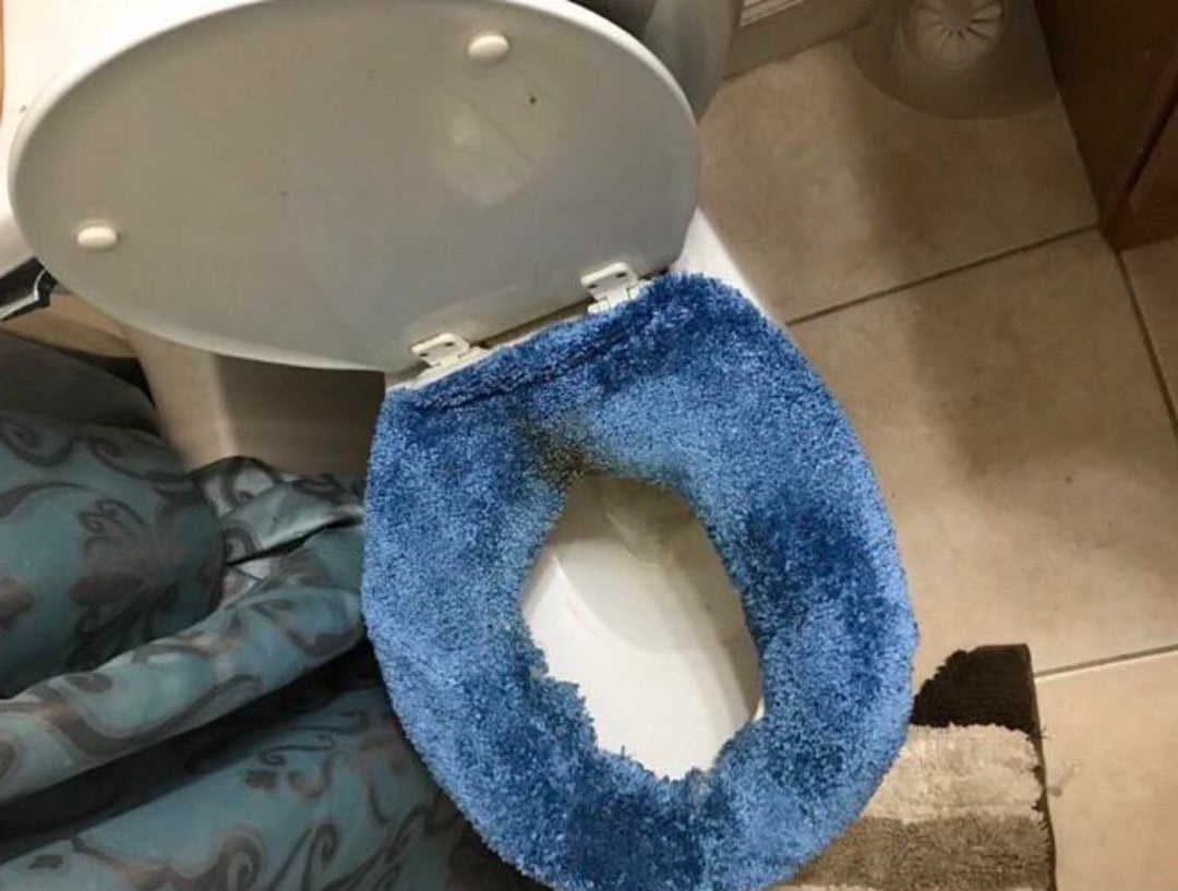 A toilet with an open lid has a blue fuzzy toilet seat cover that appears dirty and stained. The bathroom floor has beige tiles and a brown and beige bath mat nearby.