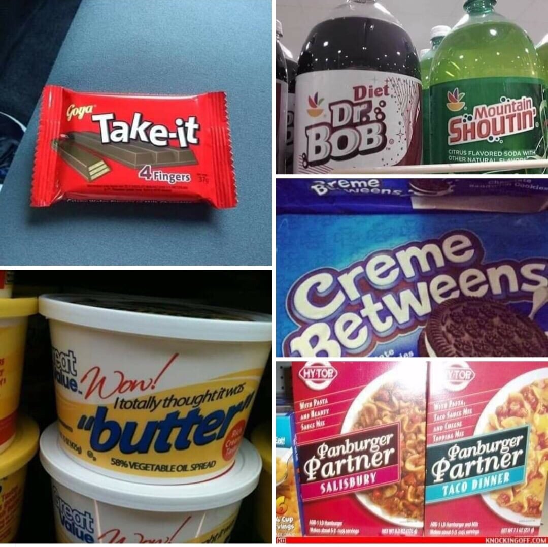 A collage of off-brand food items, including "Take-it" chocolate, "Dr. Bob" soda, "Mountain Shoutin’" soda, "butter" vegetable spread, "Creme Betweens" cookies, and "Panburger Partner" pasta meals.