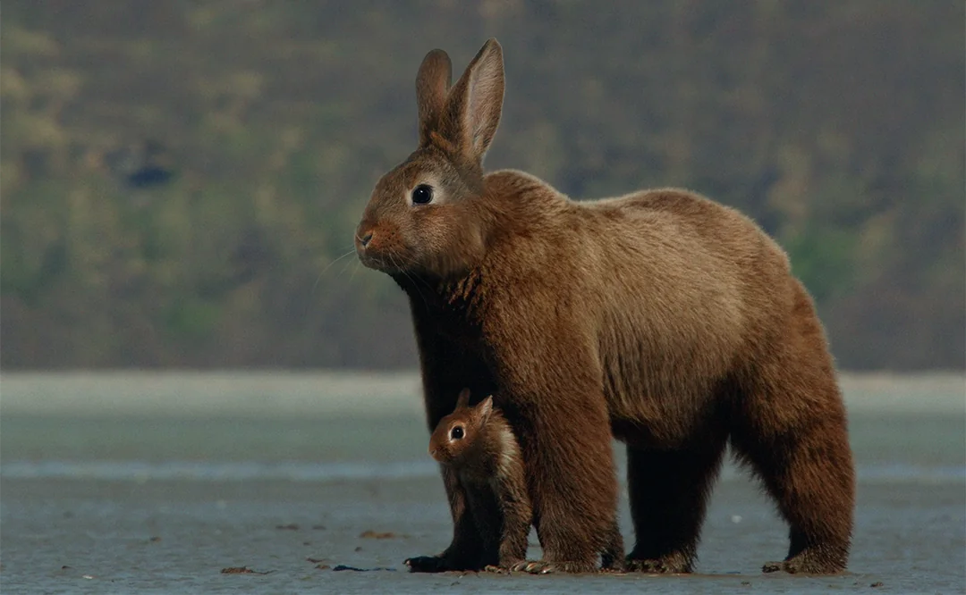 A digitally created animal with the body of a bear and the head of a rabbit stands on a sandy surface, with a small animal that has a squirrel's body and a rabbit's head standing underneath it.