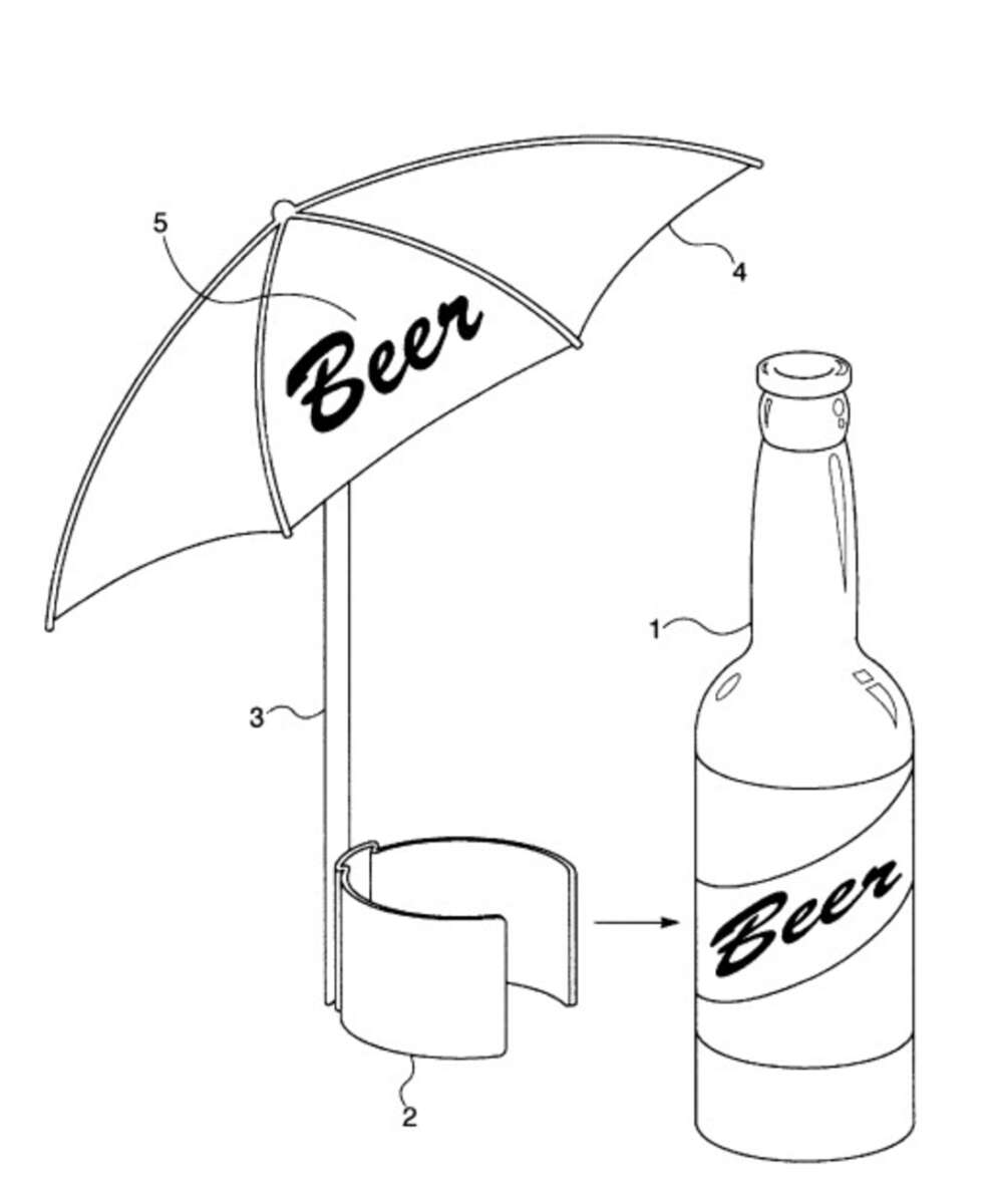 A line drawing of a beer bottle with a small umbrella attached. The umbrella is mounted on a pole with a clip that fastens to the neck of the bottle, providing shade for the bottle. The word "Beer" is printed on both.