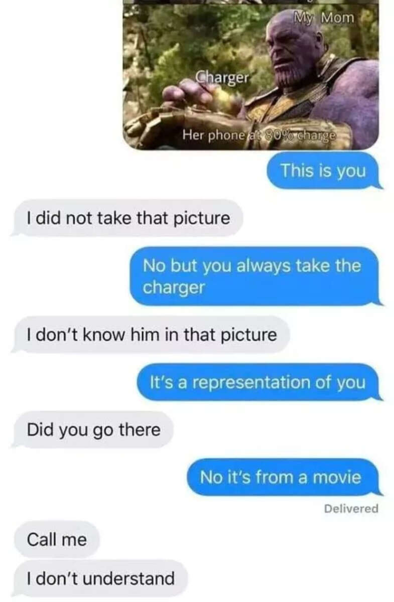 A meme shows Thanos labeled as "My Mom" taking a charger labeled "Her phone at 90% charge." Below, a text conversation jokes about the picture, with confusion from the mom and the child explaining it's a movie reference.