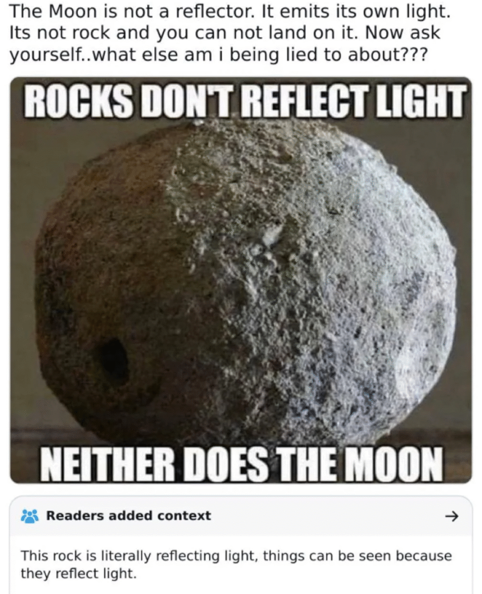 A meme showing a rough, round rock with the text “ROCKS DON’T REFLECT LIGHT, NEITHER DOES THE MOON.” Above the image is a claim that the moon emits its own light. A fact-check notes that rocks and the moon do reflect light.