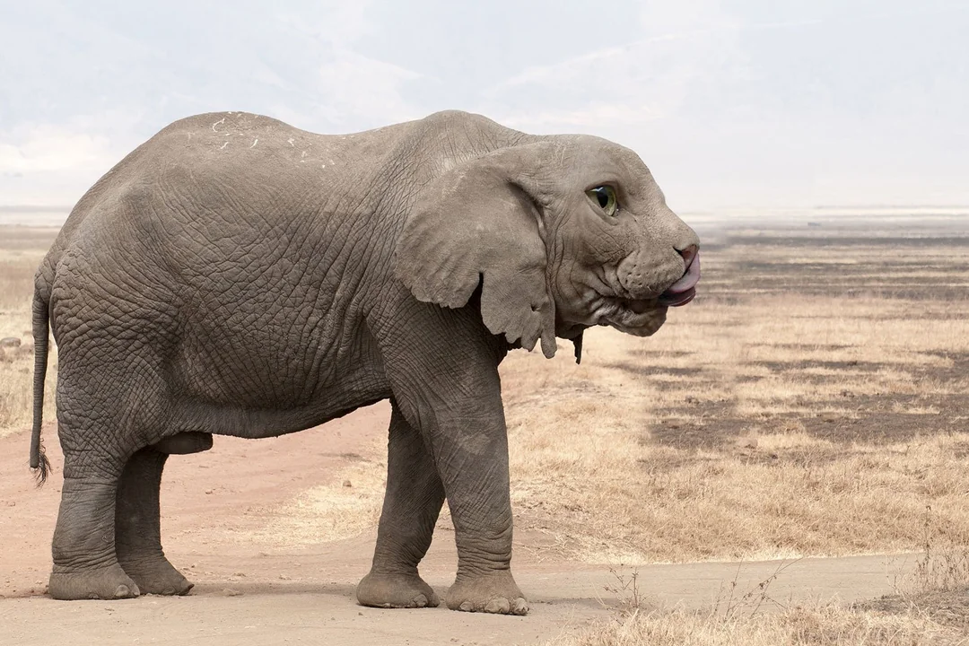 A large elephant with wrinkled gray skin stands on a dry plain, but its face is humorously edited to have features resembling a cat, including feline eyes, nose, and mouth.