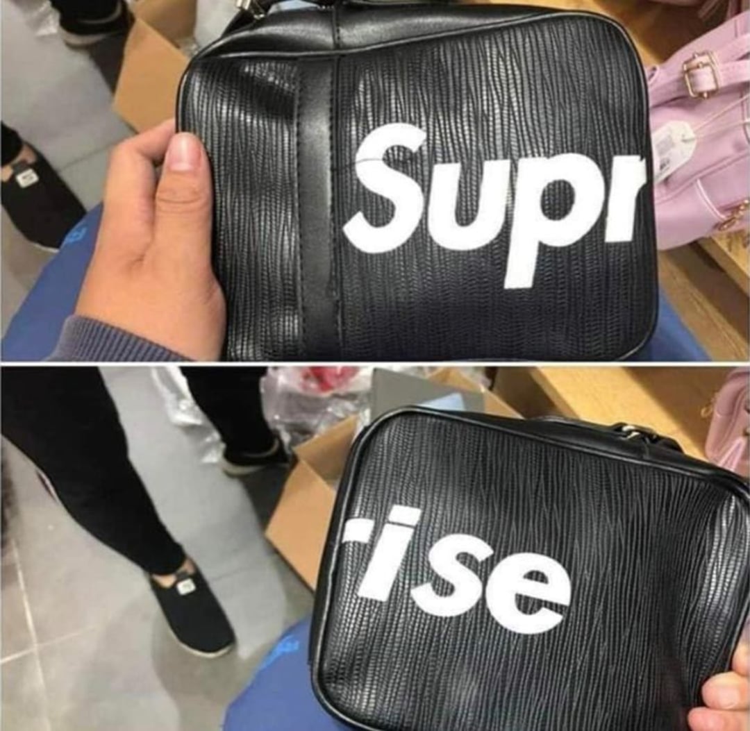 A black leather bag is shown from two angles; one side reads "Supr" in white letters, and the other side reads "ise," humorously resembling the word "Surprise" when combined.
