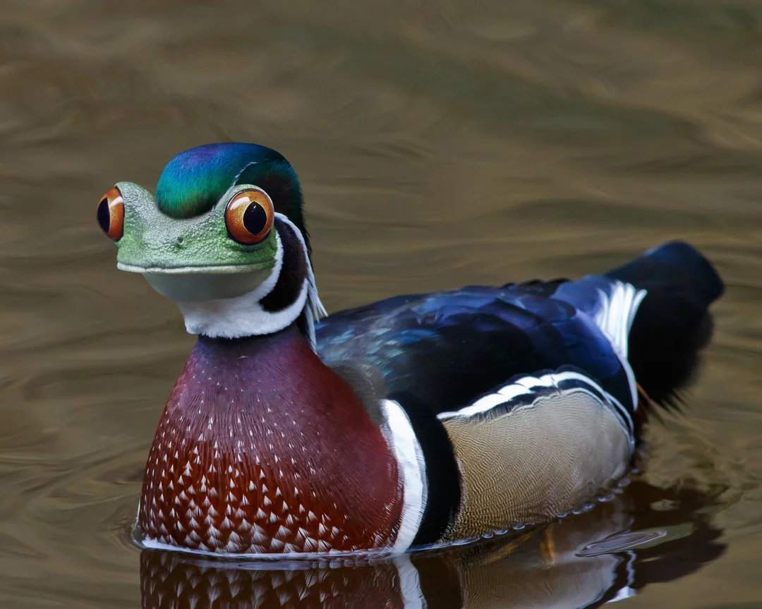 A colorful duck with a green, frog-like head and large orange eyes swims on brown water; its body features iridescent blues, browns, and white accents.