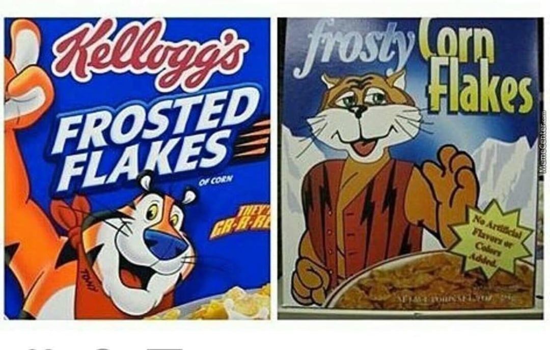 Two cereal boxes side by side: on the left, Kellogg’s Frosted Flakes with Tony the Tiger; on the right, a generic “Frosty Corn Flakes” with a cartoon tiger in a vest, mimicking the original brand.