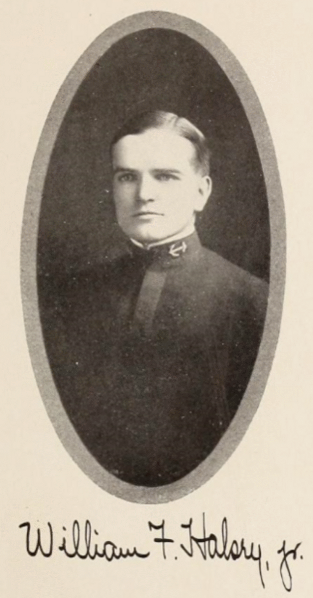 Black-and-white oval portrait of a young man in a military uniform, facing forward, with short hair. Below the photo, the handwritten name "William F. Halsey, Jr." is visible.