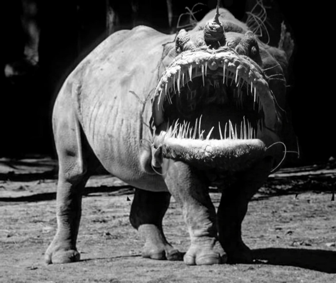 A large creature with a hippo-like body stands on land, but its head is a gaping mouth filled with multiple rows of sharp, jagged teeth, giving it a monstrous and surreal appearance. The image is in black and white.