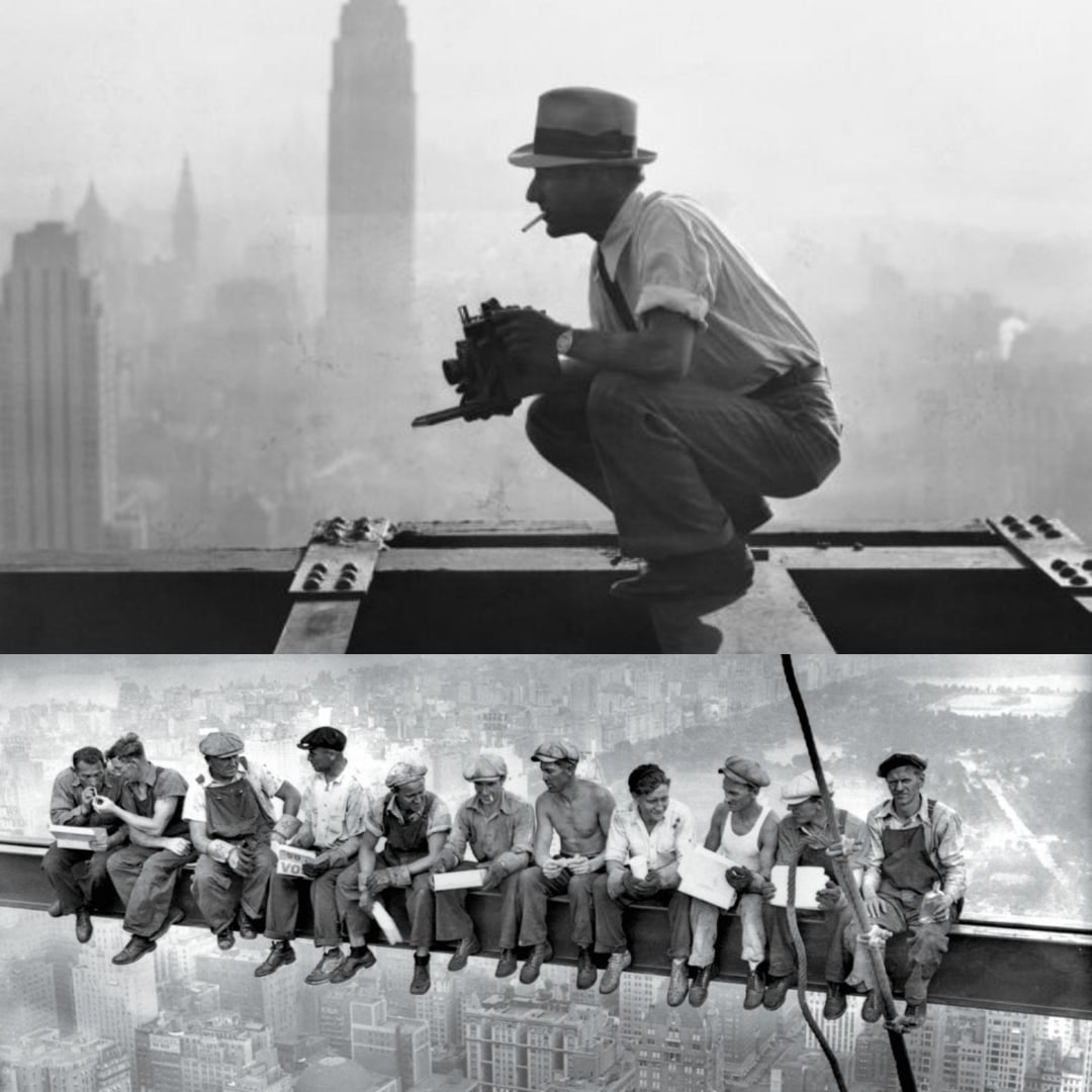 A black-and-white photo collage: the top shows a man squatting on a steel beam high above a city, holding a camera; the bottom shows eleven construction workers eating lunch on a beam above New York City.
