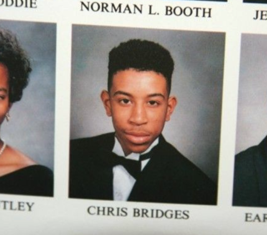 A young man in a formal black tuxedo with a bow tie poses for a yearbook photo. The name "Chris Bridges" appears below his portrait, and other students' photos are partially visible on either side.