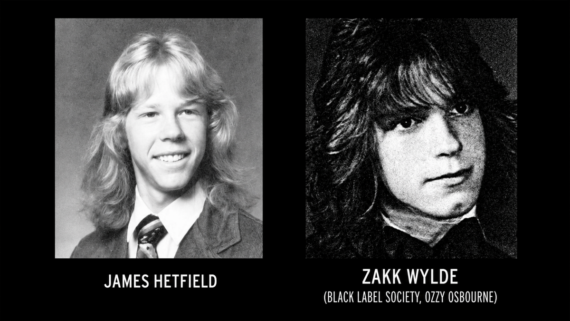 Side-by-side black-and-white yearbook photos of young men labeled James Hetfield and Zakk Wylde, with band associations noted under Zakk Wylde’s name.