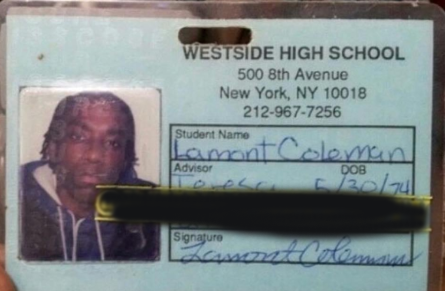 A Westside High School ID card with a photo of a student, handwritten name "Lamont Coleman," advisor "Lopez," date of birth "5/30/74," and signature "Lamont Coleman." Some information is blacked out.