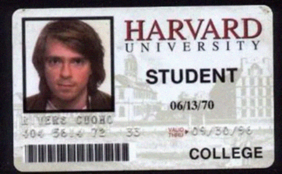 A Harvard University student ID card with a photo of a young person, labeled “STUDENT,” and displaying the issue date 06/13/70. The background includes a faded image of campus buildings.