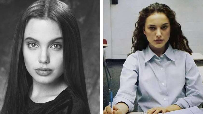 Side-by-side images of two young women with long dark hair. The left is a black-and-white portrait with direct gaze; the right shows a woman in a classroom, wearing a light shirt, sitting at a desk with a pen.