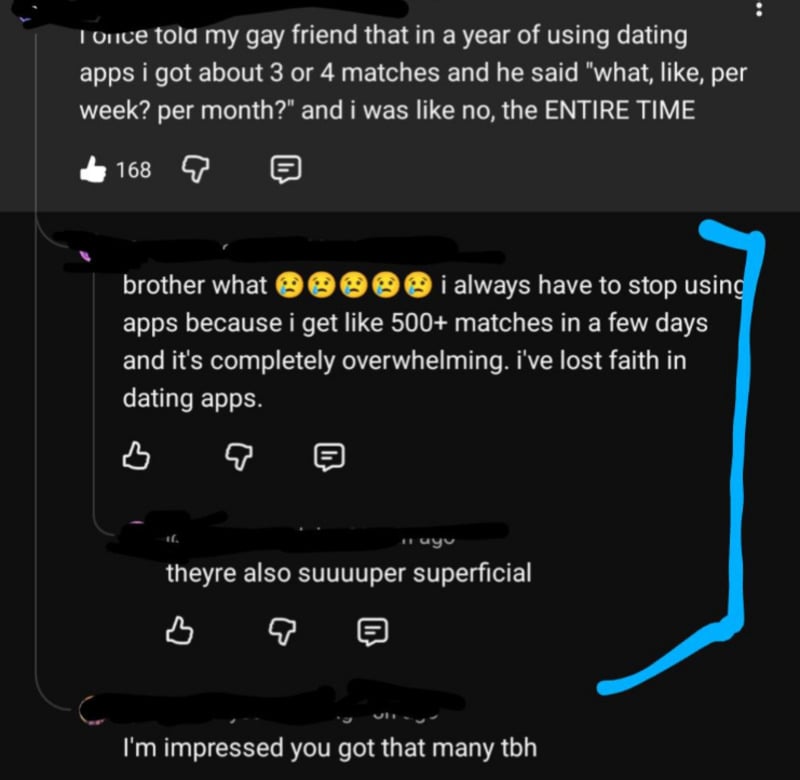 A screenshot of a social media conversation about dating apps. One user says they get 3-4 matches a year, while another replies they get 500+ matches in days, expressing frustration and loss of faith in dating apps.