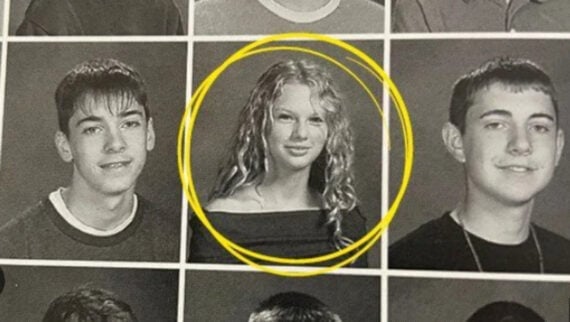 A black-and-white yearbook photo shows a girl with long, wavy hair in the center, circled in yellow, flanked by two boys with short hair. All three are posing and smiling for their portraits.