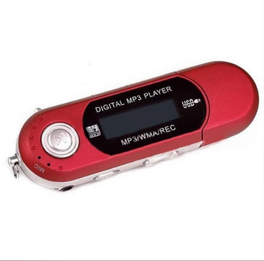 A red and silver digital MP3 player with a small screen and buttons, labeled "DIGITAL MP3 PLAYER" and "MP3/WMA/REC," angled on a white background.