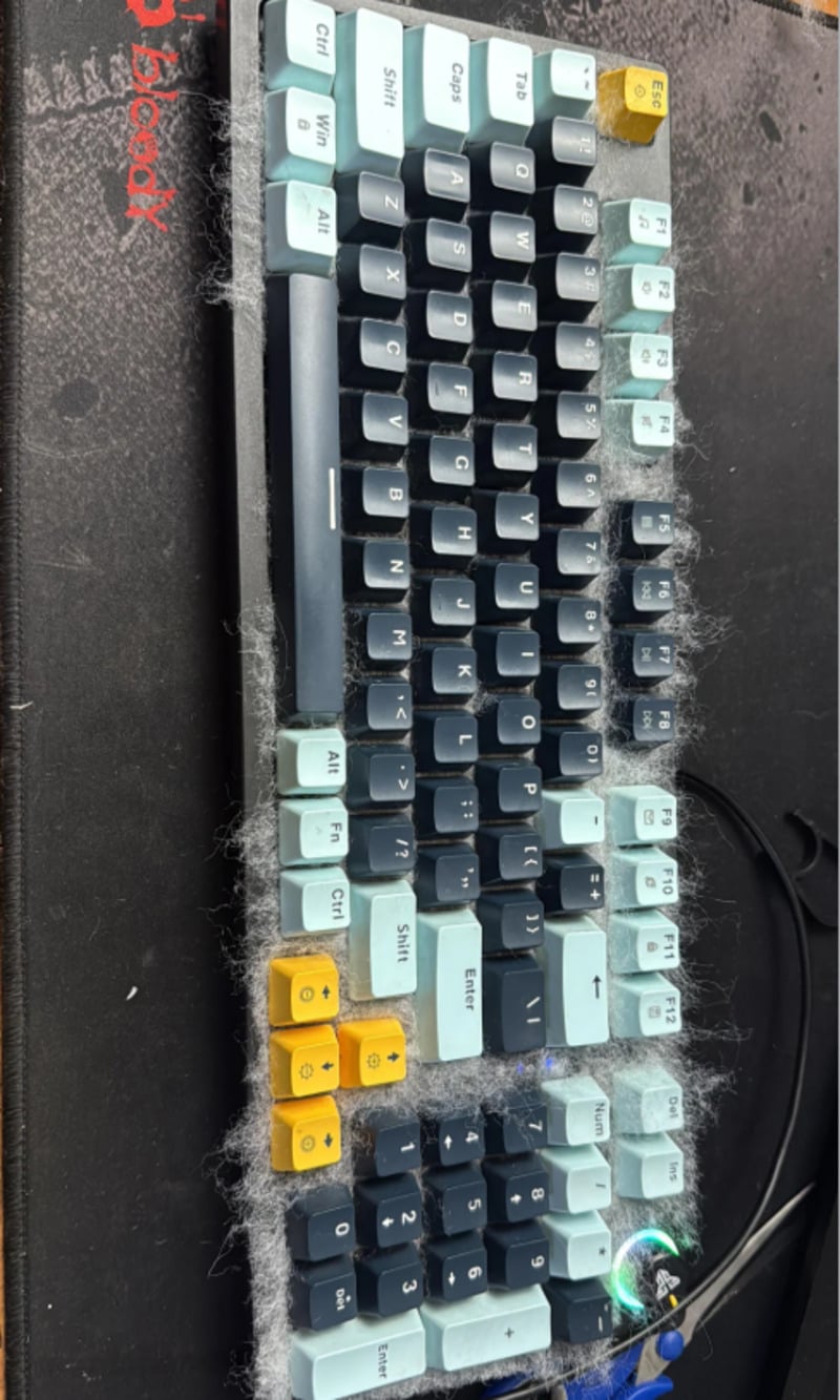 A mechanical keyboard with light blue, dark blue, and yellow keycaps is placed on a black surface. The keyboard is covered with a layer of white pet hair and is attached to a coiled cable with a glowing blue connector.