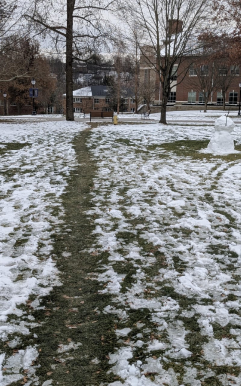 A snowy campus scene with a narrow path of grass cutting through the snow. There are trees, a bench, and a partially built snowman on the right, with buildings visible in the background. The sky appears cloudy.