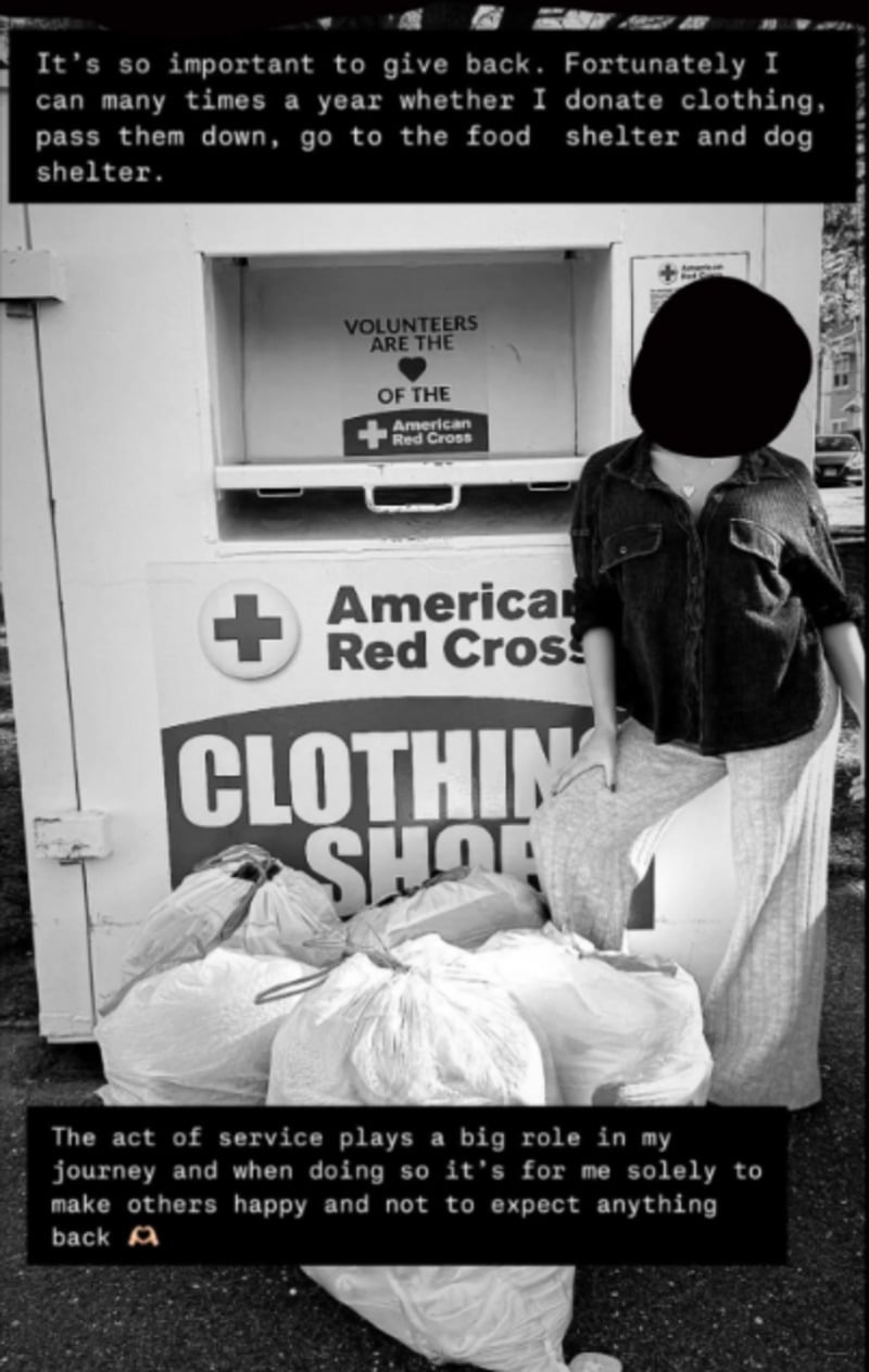 A person stands beside an American Red Cross clothing donation bin with several large bags of clothes in front. Text overlays highlight the importance of giving back and acts of service.