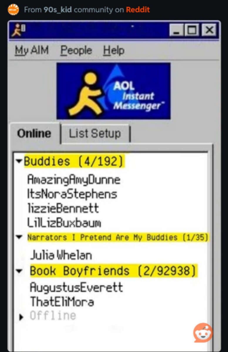 A vintage AOL Instant Messenger window shows buddy lists with names like "AmazingAmyDunne" and "Book Boyfriends," some highlighted in yellow, evoking nostalgia for early 2000s internet chatrooms.