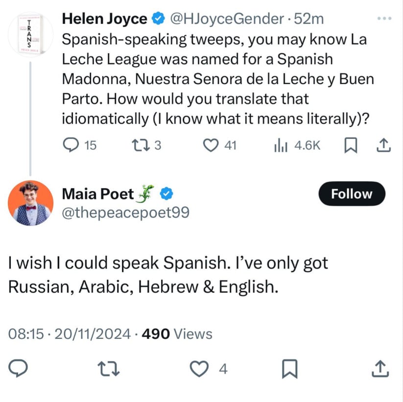 A tweet by Helen Joyce asks how to idiomatically translate "Nuestra Señora de la Leche y Buen Parto." Maia Poet replies that she wishes she could speak Spanish, as she only speaks Russian, Arabic, Hebrew, and English.