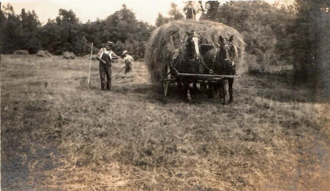 Two horses pull a large wagon stacked with hay in a field. Two people stand nearby, one holding a pitchfork and another working in the background. Trees surround the field under a cloudy sky. The photo is in black and white.